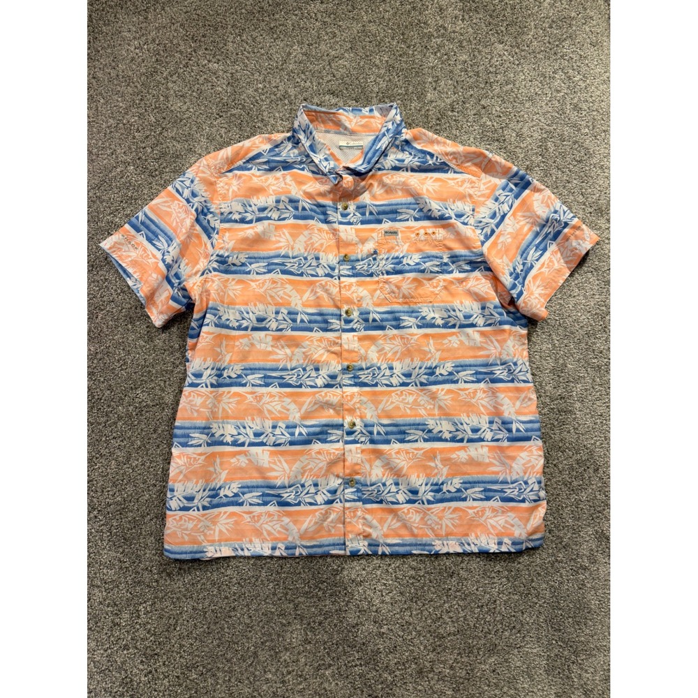 Columbia Fishing Shirt Mens XXL Orange Blue PFG Tamiami Palm Stripe FM1039